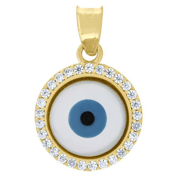 10kt 10k Yellow Gold Unisex Cubic-Zirconia Evil Eye Blue Enamel Charm Pendant